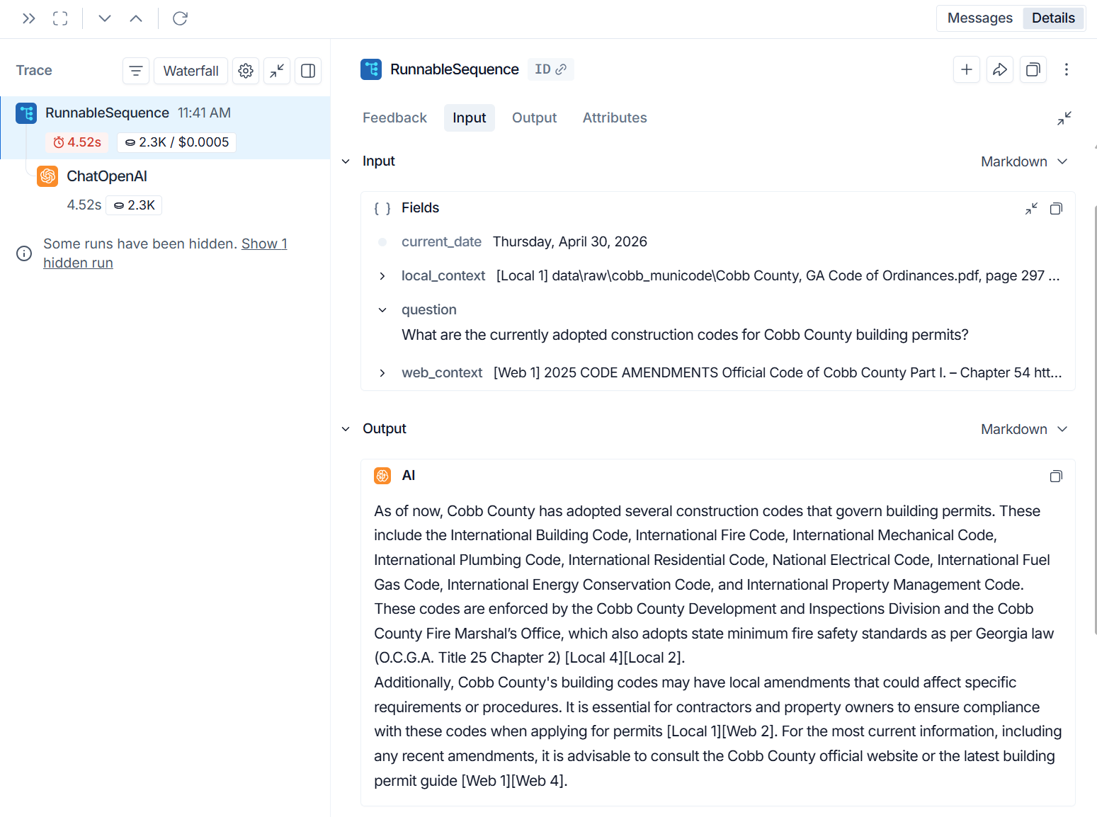 LangSmith trace showing local document and web context used by the RAG assistant