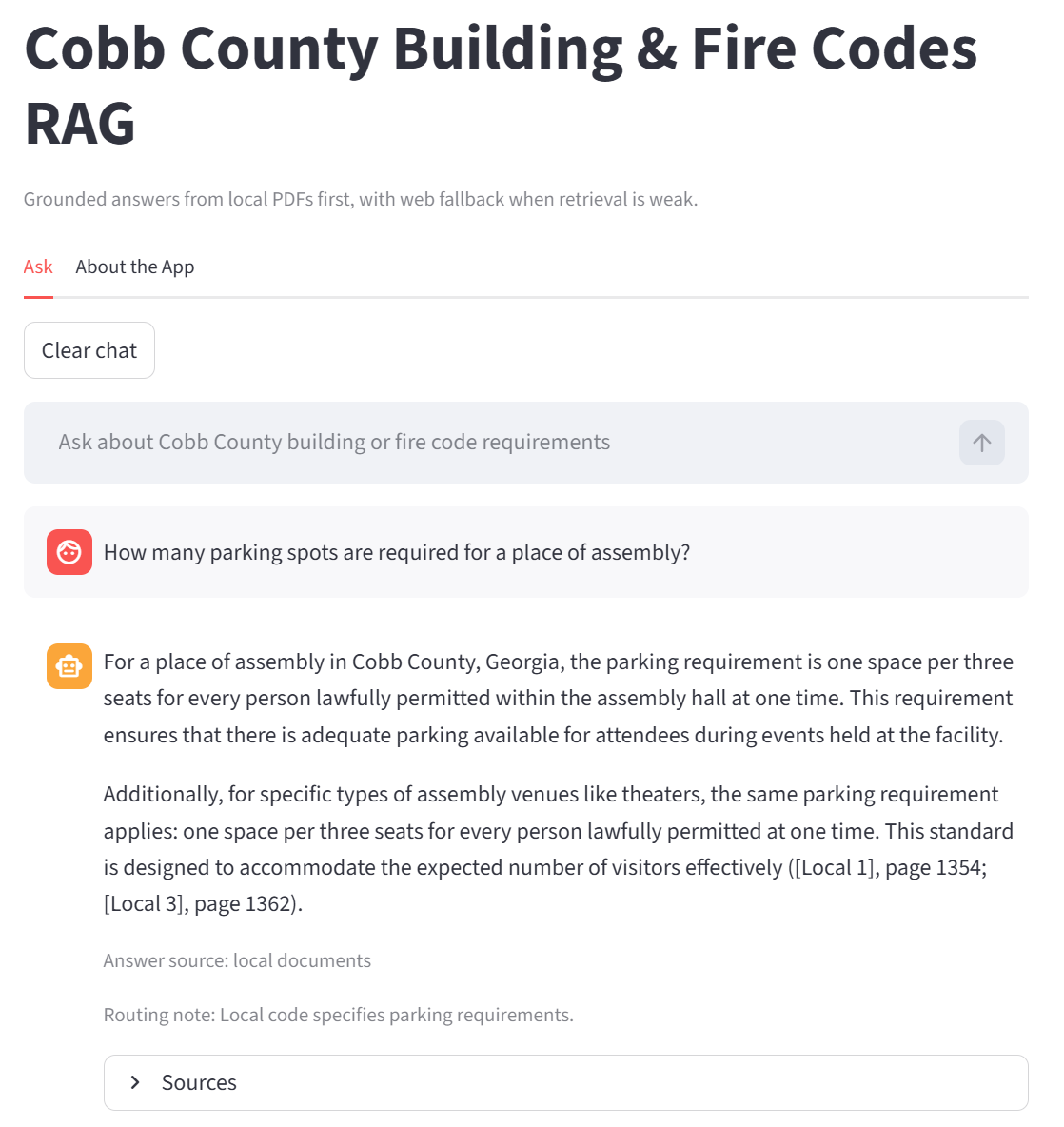 Streamlit user interface for the Cobb County building and fire code RAG assistant