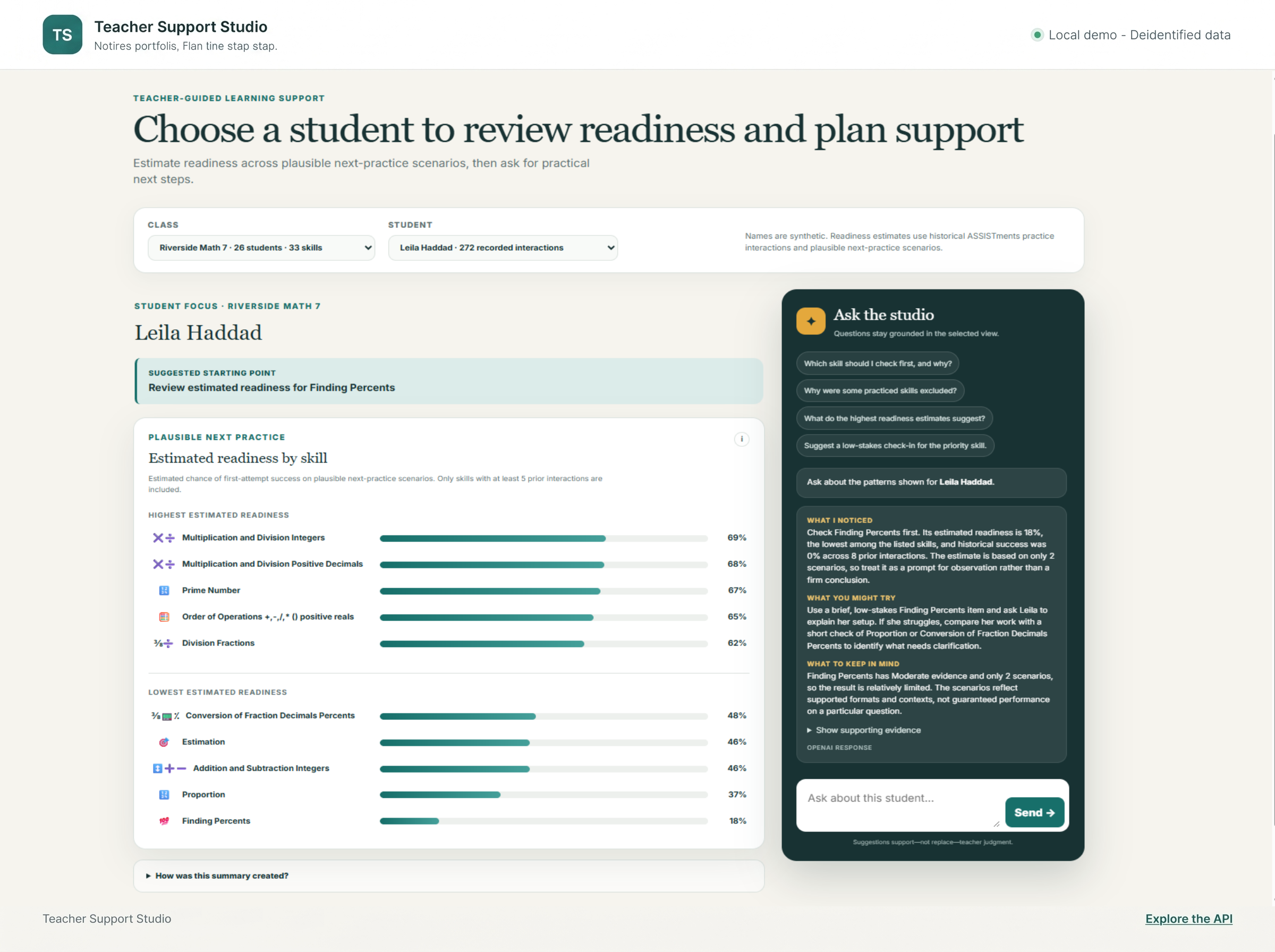 Teacher Support Studio student readiness dashboard and grounded AI assistant